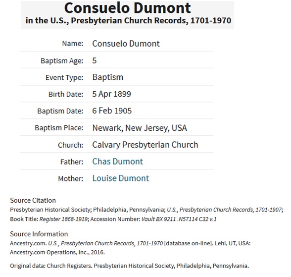 Consuelo Dumont Birth Record