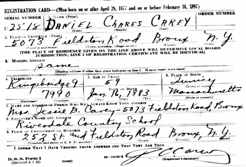 Daniel C. Carey World War II Draft Registration