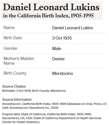 Daniel Leonard Lukins Birth Index