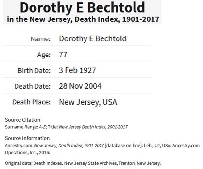 Dorothy Mai Bechtold Death Index