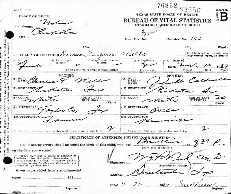 Dorrace Ferguson Wells Birth Record