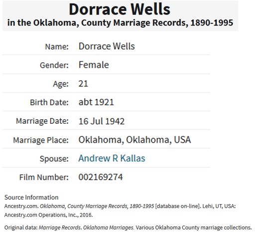 Dorrace Wells and Andrew Kallas Marriage Index