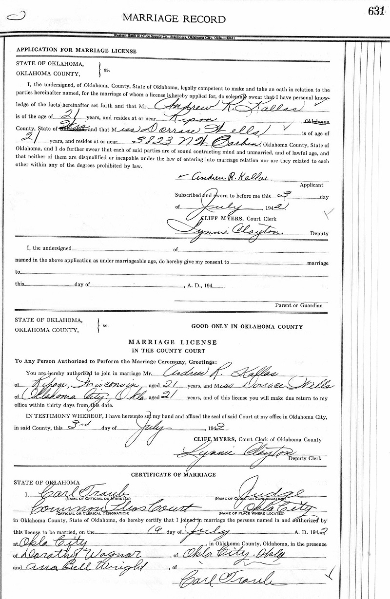 Dorrace Wells and Andrew Kallas Marriage Certificate