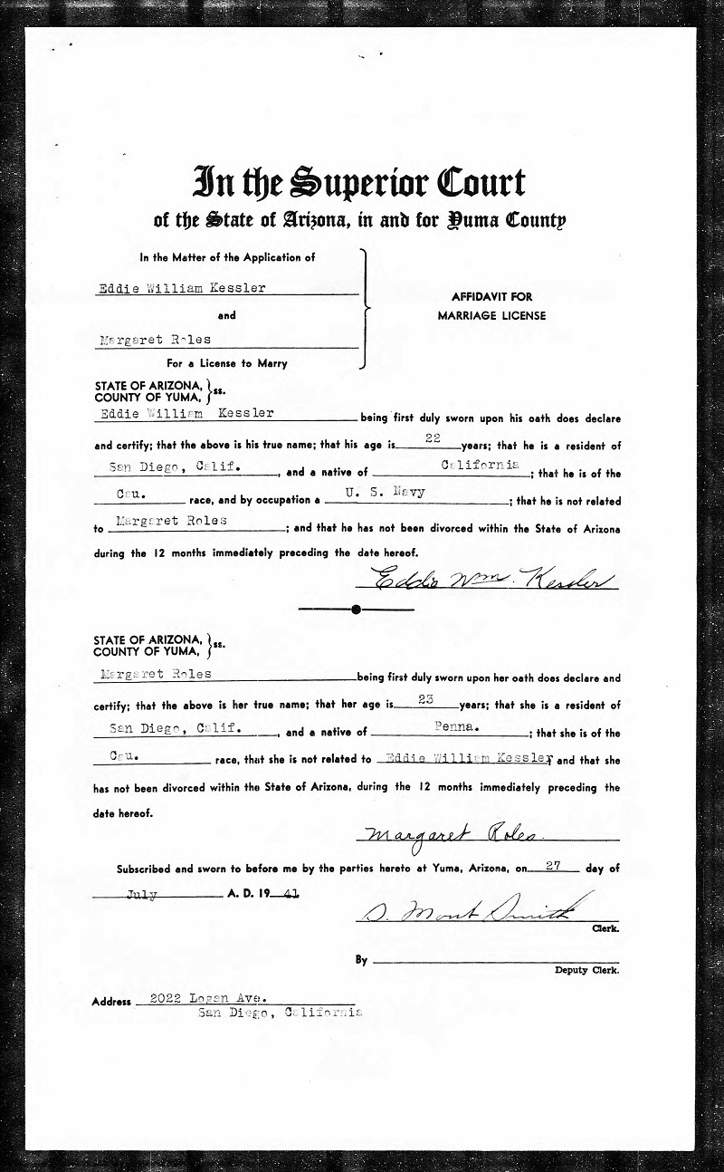 Eddie William Kessler and Margaret Felkner Marriage Record