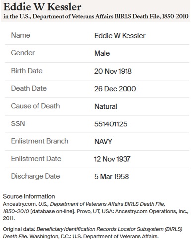 Eddie William Kessler Military Service Record