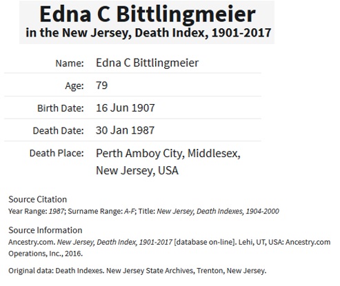 Edna Kate Bittlingmeier Death Index