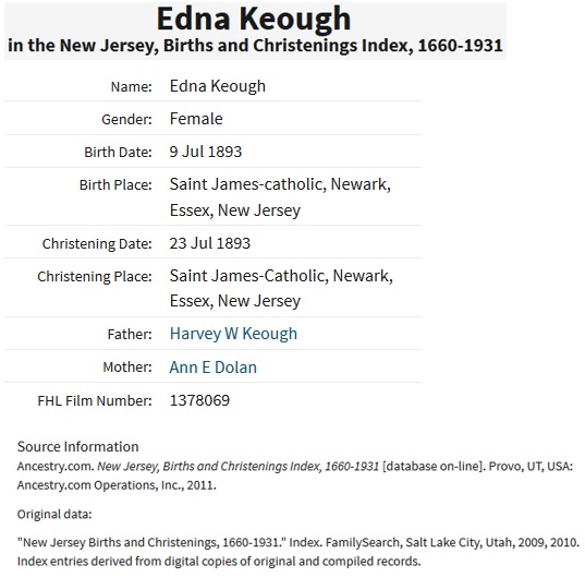 Edna V. Keough Dumont Birth Index