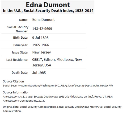 Edna V. Keough Dumont Social Security Death Index