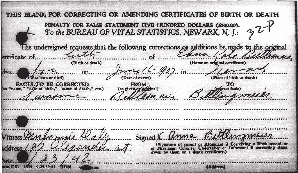 Edna Kate Bittlingmeier Birth Certificate Amendment