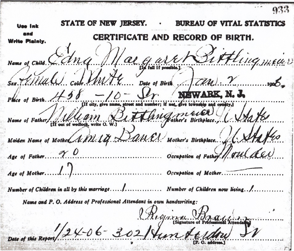 Edna Margaret Bittlingmeier Birth Certificate