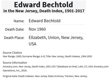 Edward Bechtold Death Index