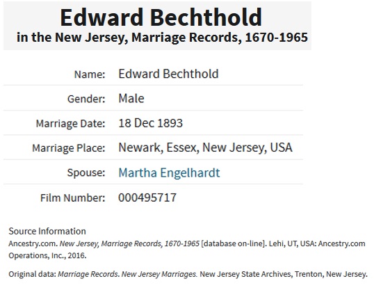 Edward Bechtold and Martha Engelhardt Marriage Index