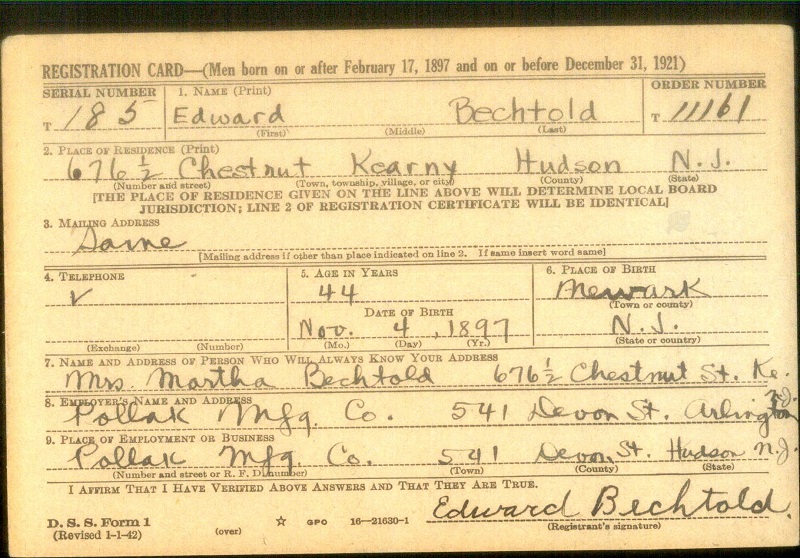 Edward A. Bechtold World War II Draft Registration