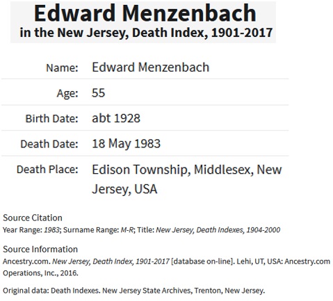 Edward Menzenbach Death Index