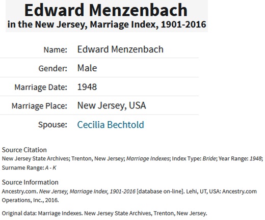 Cecilia Bechtold and Edward Menzenbach Marriage Index