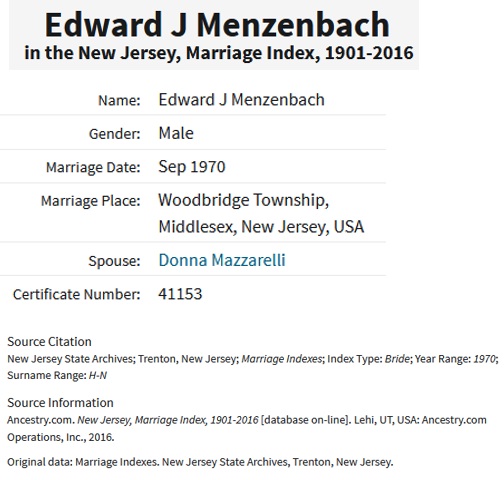 Donna Mazzarelli and Edward Menzenbach Marriage Index