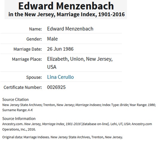 Lina Cerillo and Edward Menzenbach Marriage Index