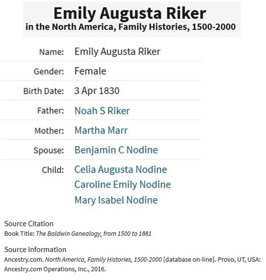 Emily Augusta Riker Nodine Birth Index