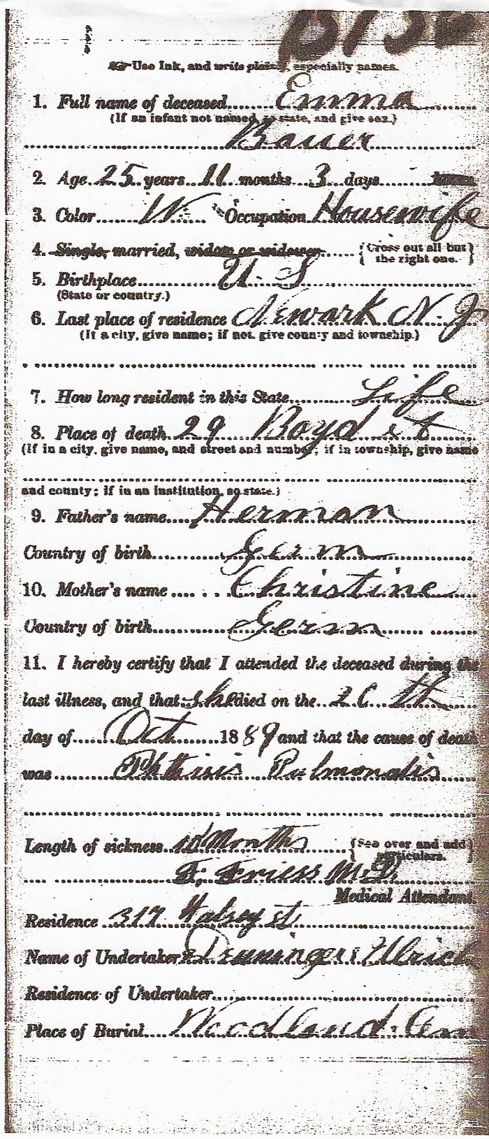 Emma Bauer Death Certificate