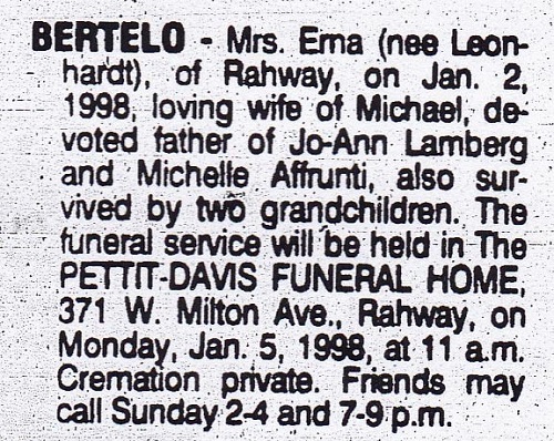 Erna T. Leonhardt Bertelo Obituary