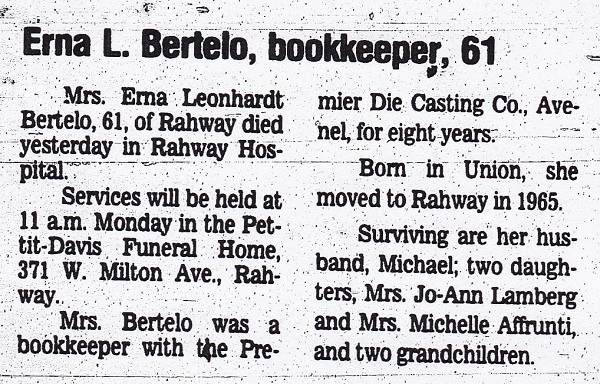 Erna T. Leonhardt Bertelo Obituary