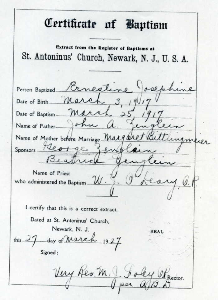 Ernestine J. Zenglein Baptism Record