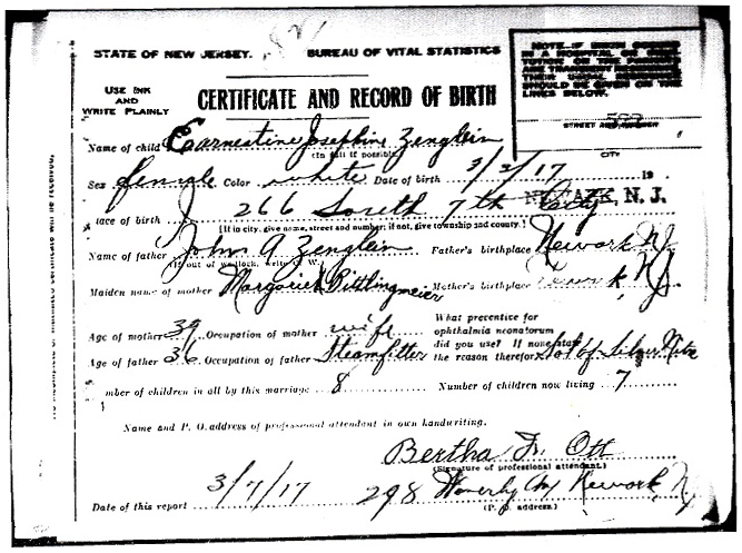 Ernestine J. Zenglein Birth Certificate