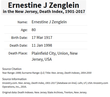 Ernestine Josephine Zenglein Death Index