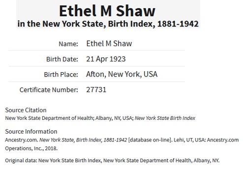 Ethel May Shaw Birth Index