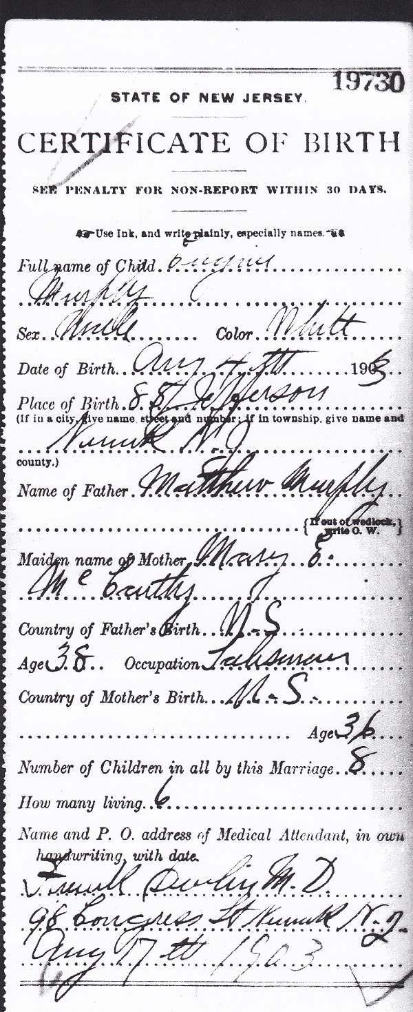 Eugene Murphy Birth Certificate