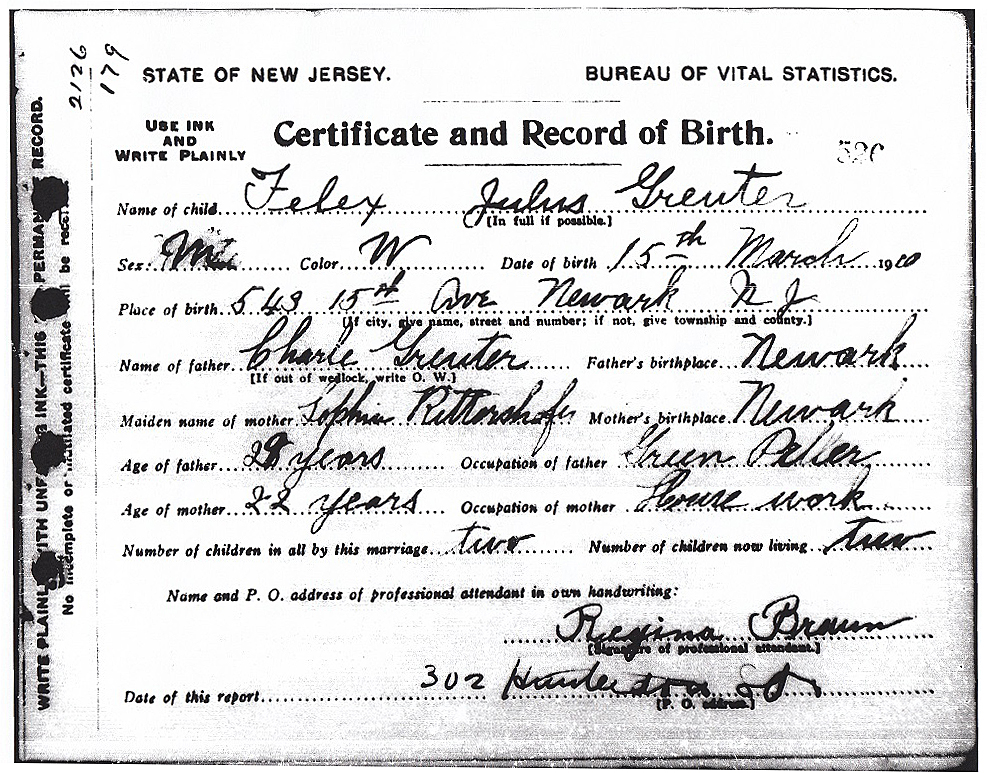 Felix Julius Greuter Birth Certificate