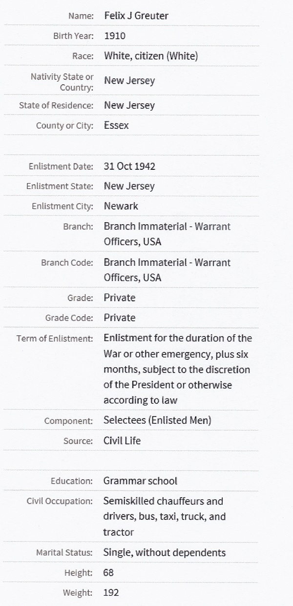 Felix J. Greuter's World War II Army Enlistment Record