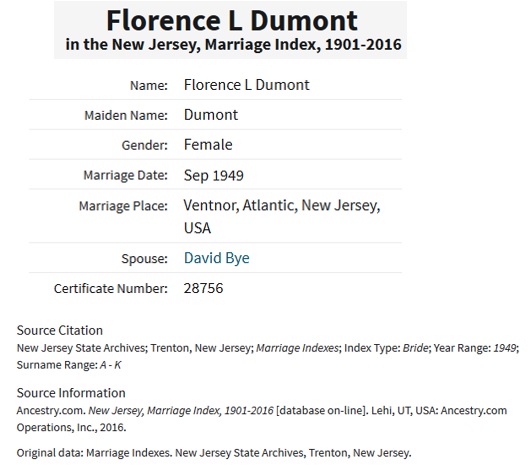 Florence Dumont and David Bye Marriage Record