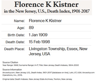 Florence J. Kessler Kistner Death Index