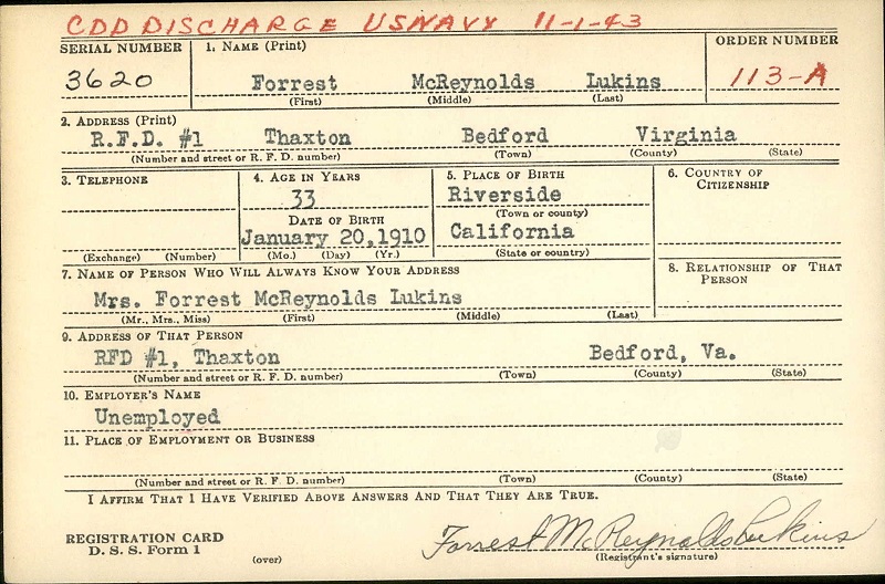 Forrest McReynolds Lukins World War II Draft Registration