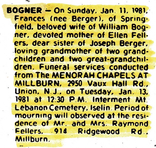 Frances F. (Berger) Bogner Obituary 1