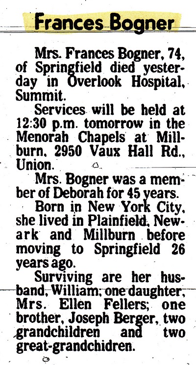 Frances F. (Berger) Bogner Obituary 2