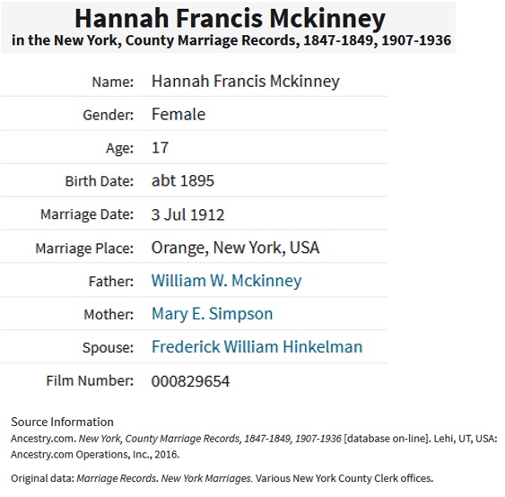 Hannah Frances McKinney Marriage Record