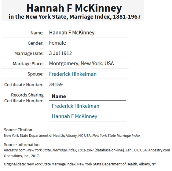 Hannah Frances McKinney Marriage Record