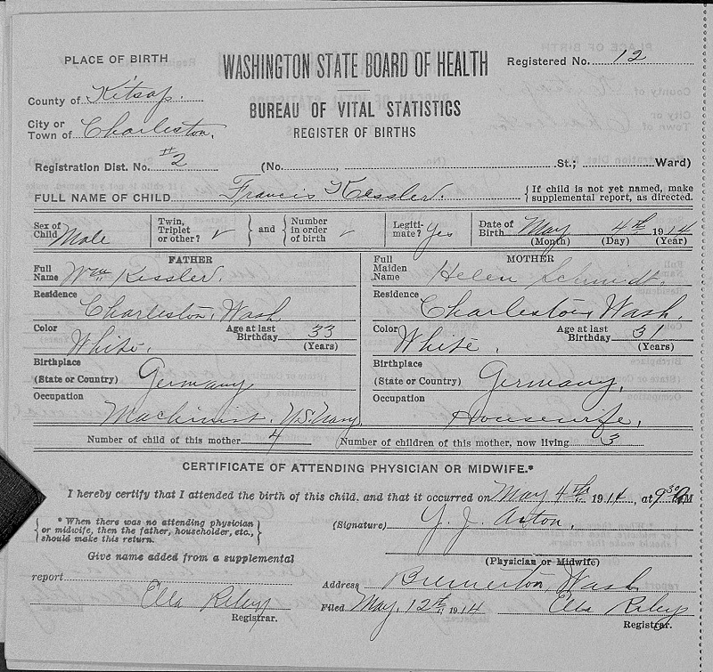 Francis William Kessler Birth Record