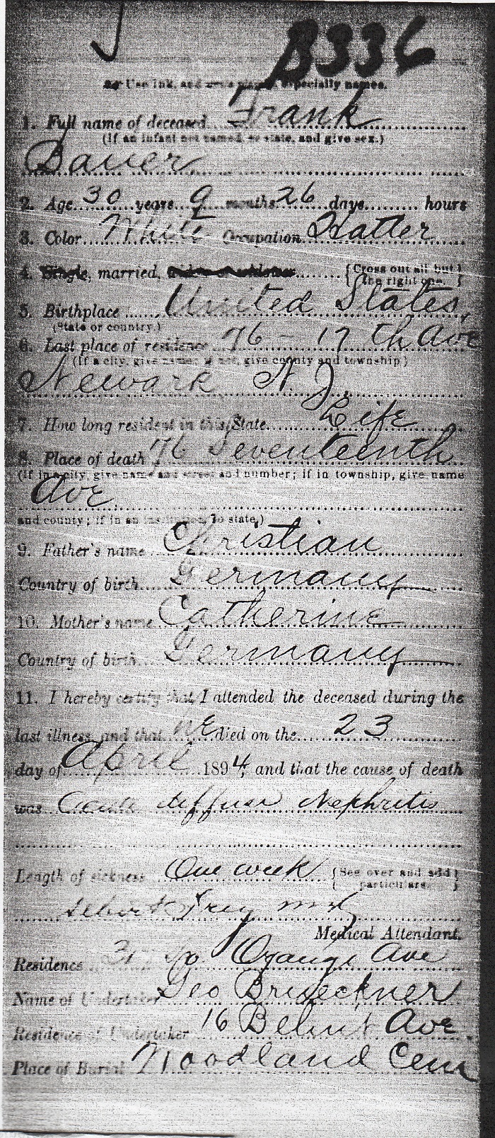 Frank Bauer Sr. Death Certificate