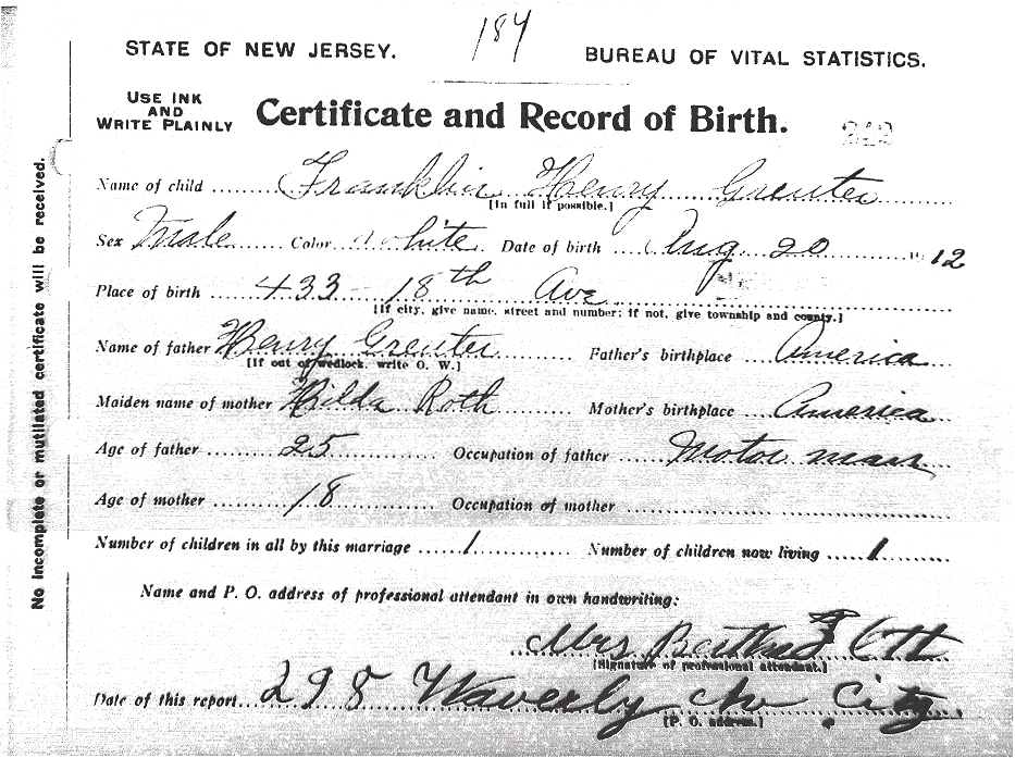 Franklin Henry Greuter Birth Certificate