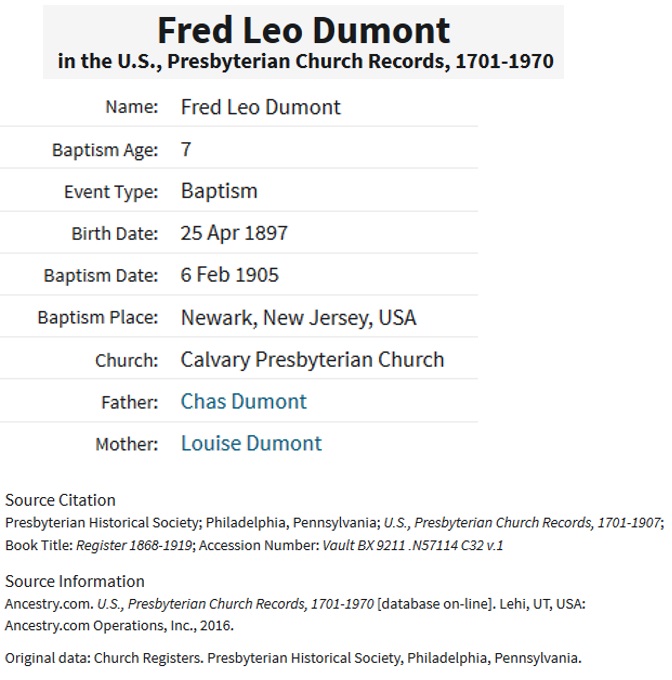 Frederick Leo Dumont Birth Record