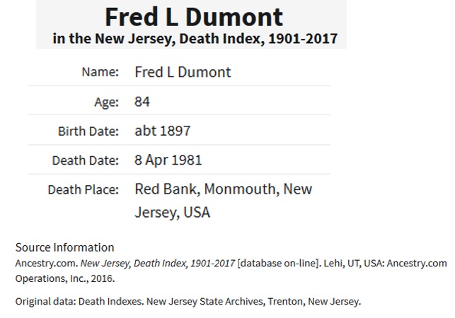 Frederick Leo Dumont Death Index