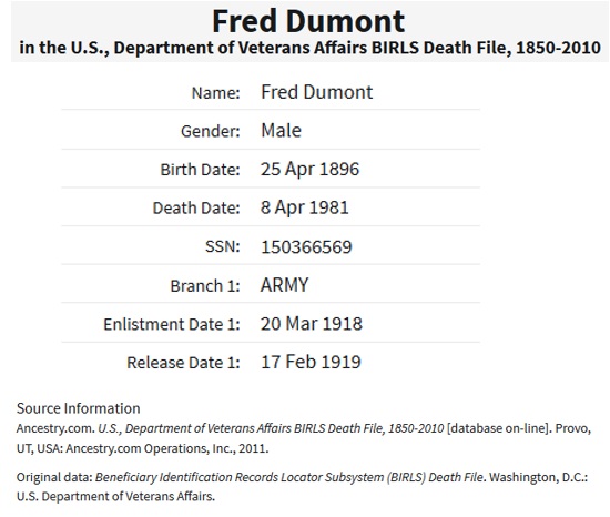 Fred Dumont Military Record