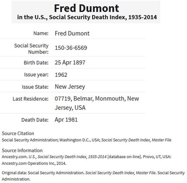 Frederick Leo Dumont Social Security Death Index