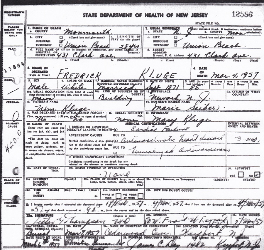 Frederick Kluge Death Certificate