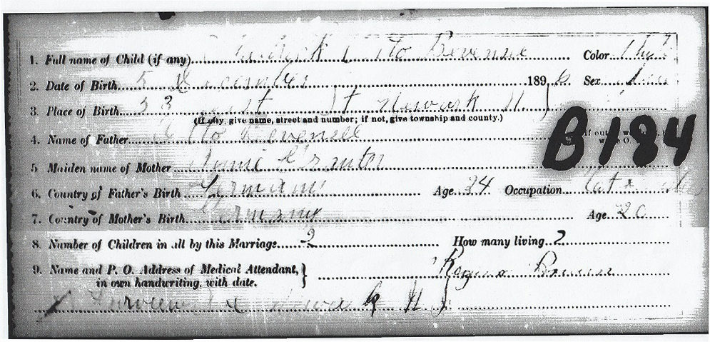 Frederick Otto Bevensee Birth Certificate