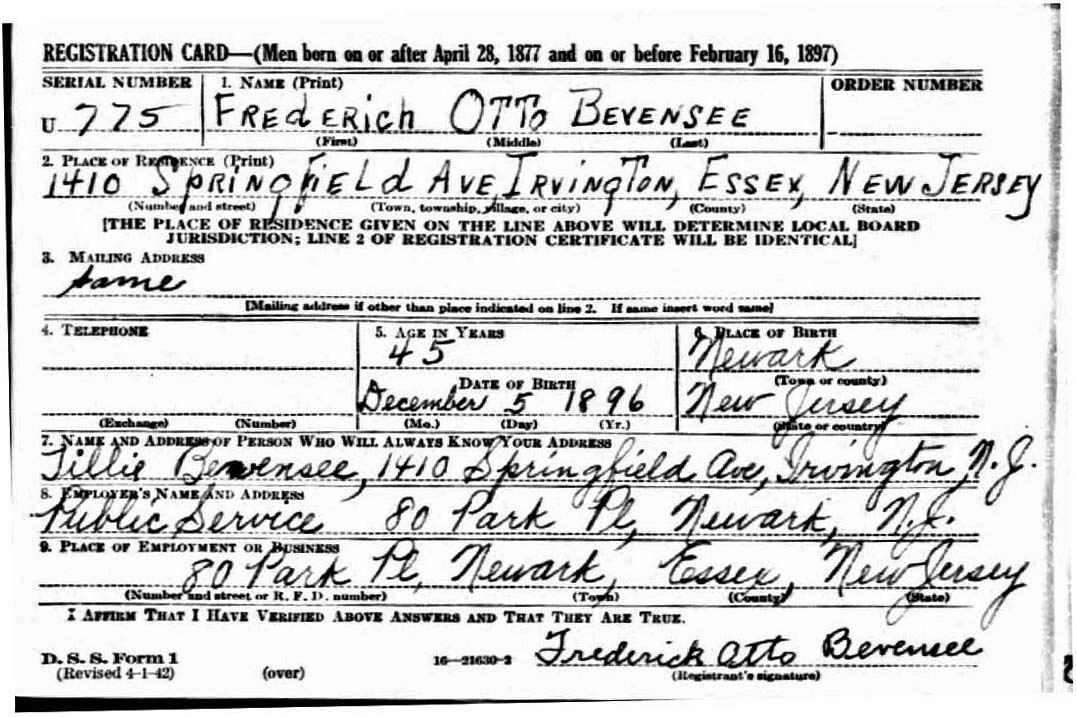 Frederick Otto Bevensee's World War I Draft Registration Card Part 1