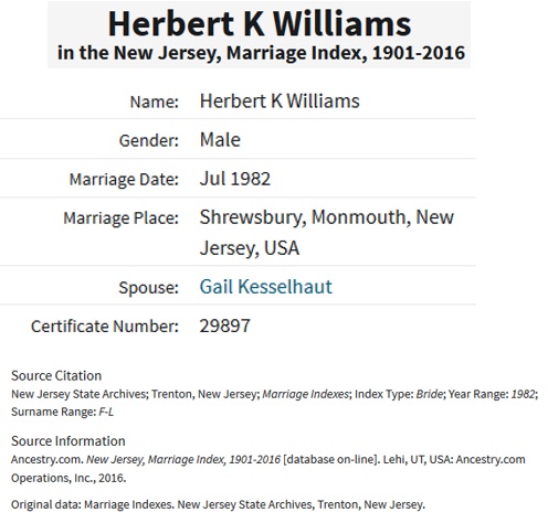 Gail Kesselhaut and Herbert Williams Marriage Index